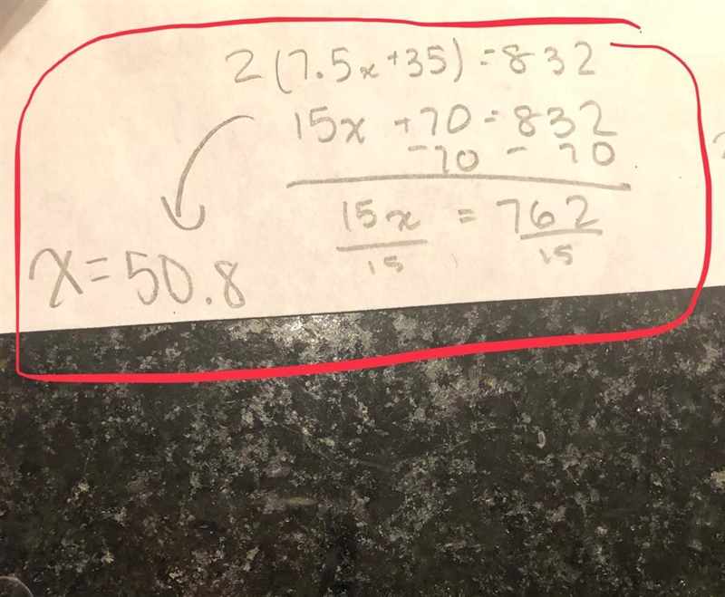 What is x in 832 = 2( 7.5x + 39)-example-1