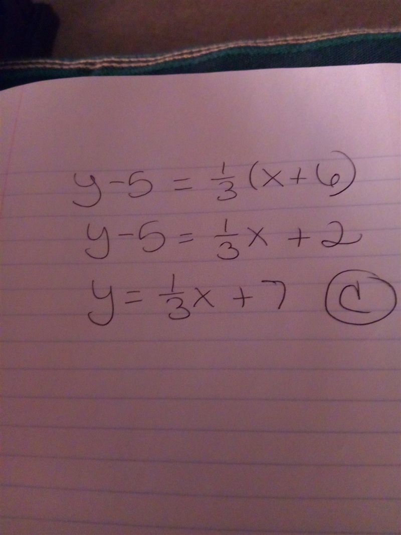 What is the equation of a line passing through the point (-6,5) and having a slope-example-1