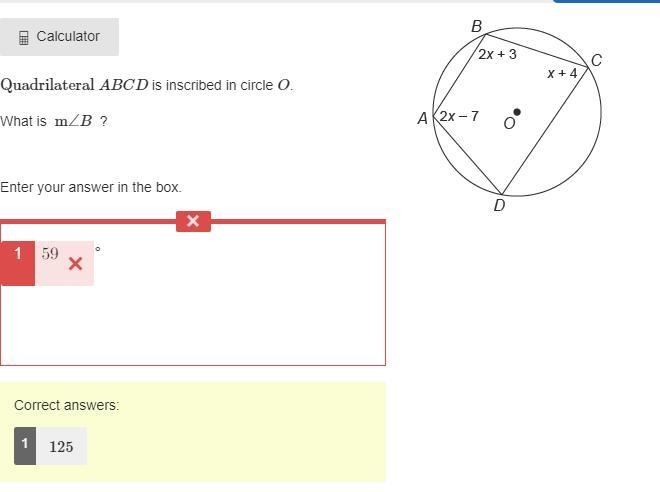 Quadrilateral ABCD is inscribed in circle O. What is ​ m∠B ​ ? Enter your answer in-example-1