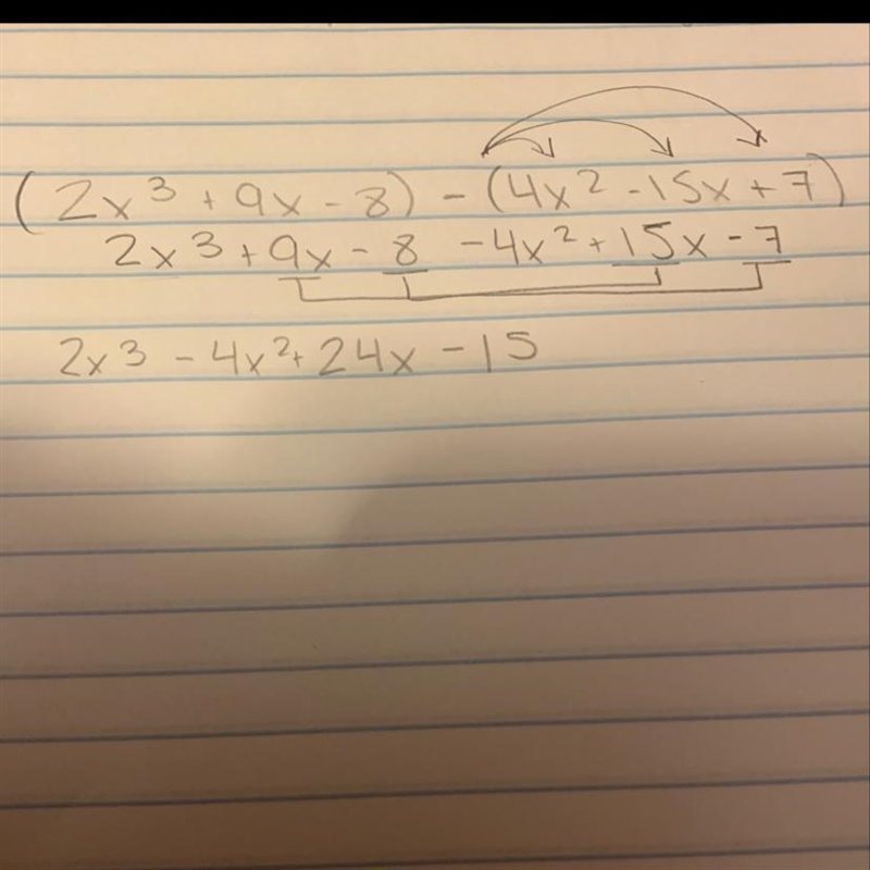 Subtract (2x^3 + 9x-8) - (4x^2-15x+7)-example-1