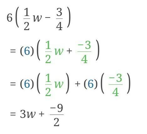 Combine like terms to create an equivalent expression 6(1/2w-3/4)-example-1