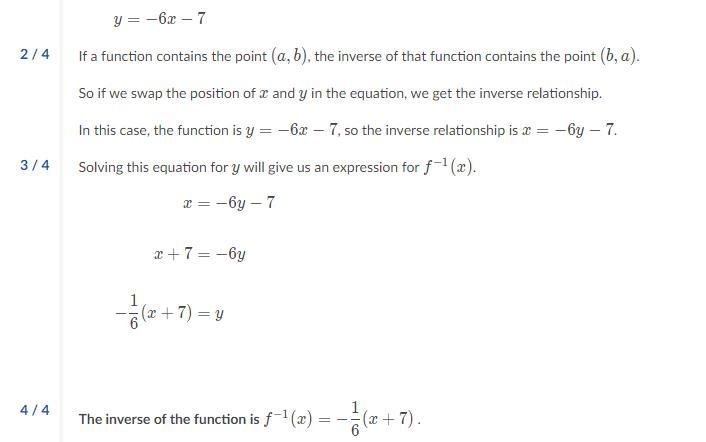 What is the inverse of the function f(x)=-6x-7?-example-1