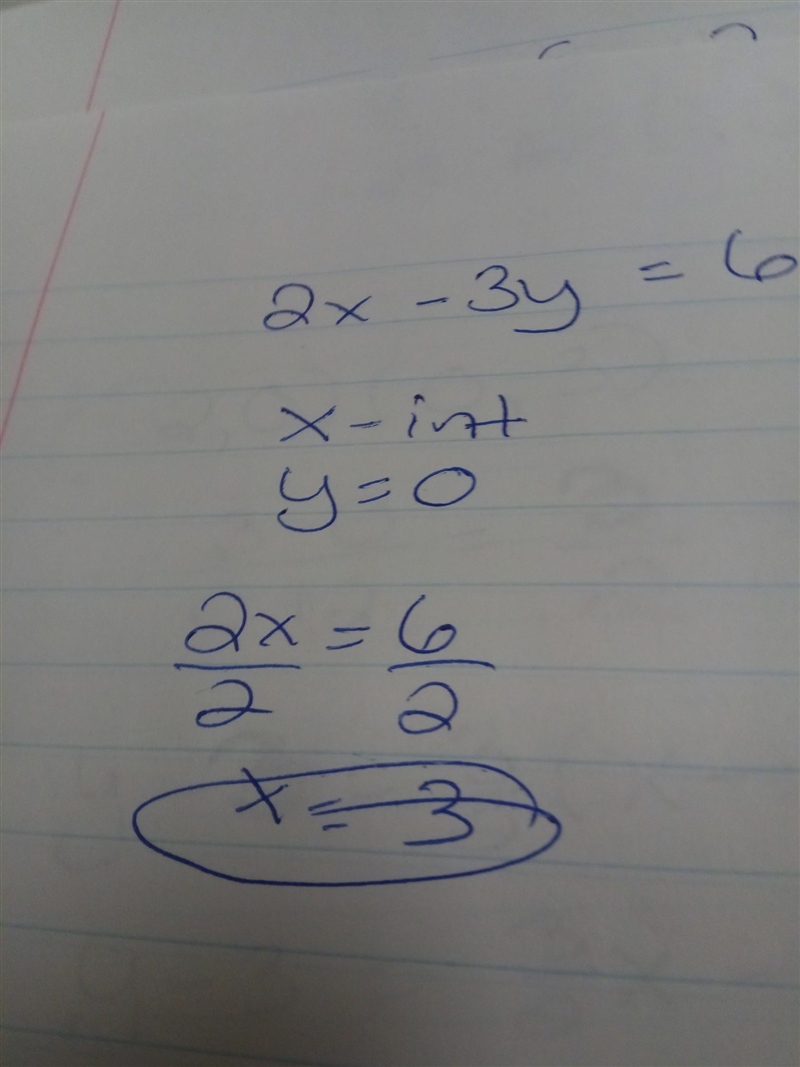 The x -intercept of the line whose equation is 2 x - 3 y = 6 is 3 6 -2-example-1