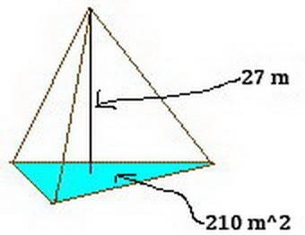 A triangular pyramid has a height of 27 yards and a base with an area of 210 square-example-1