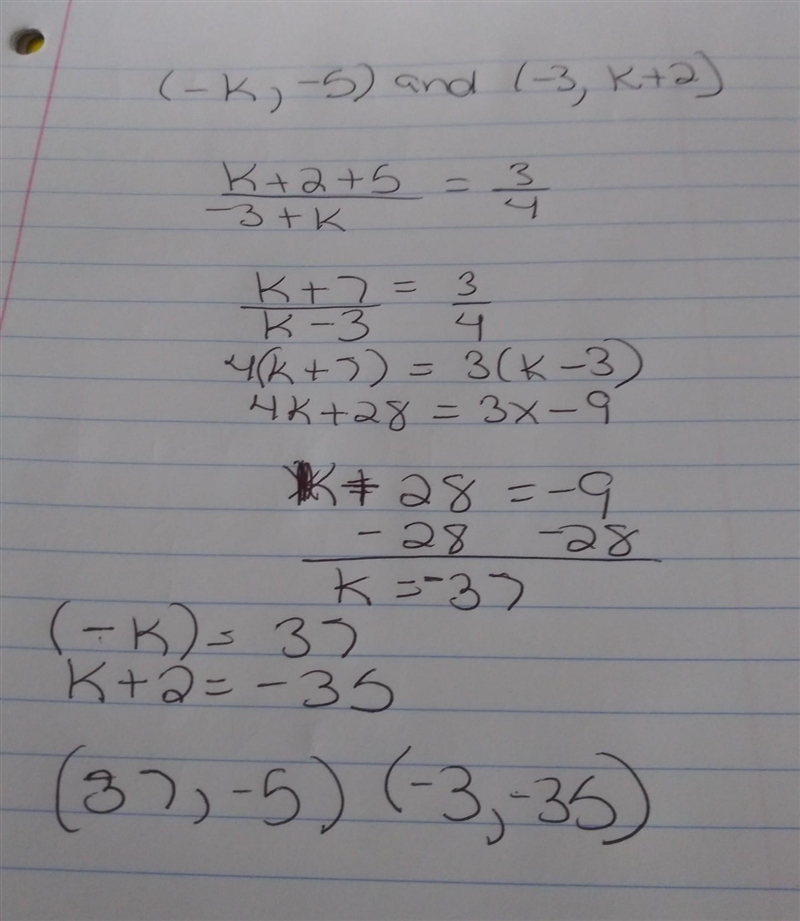 Solve for k such that a line passing through (-k, -5) and (-3, k+2) has a slope of-example-1