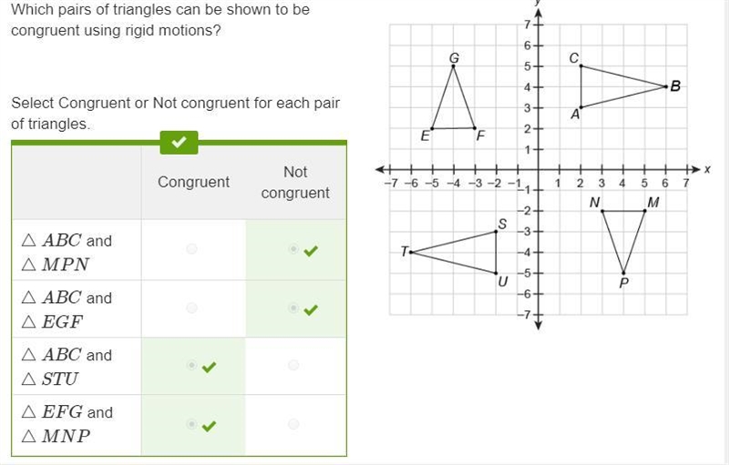 Which pairs of triangles can be shown to be congruent using rigid motions? Select-example-1