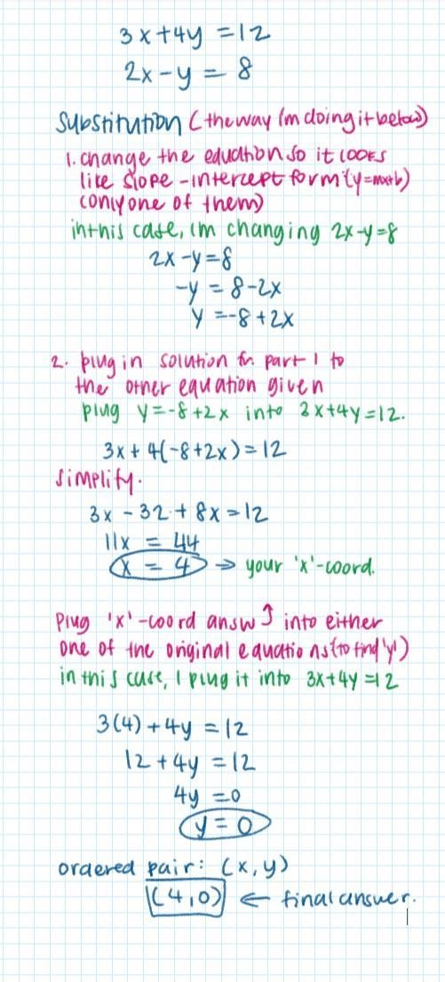 3x+4y=12 and 2x-y=8. Which ordered pair is a solution to the system of equations?-example-1