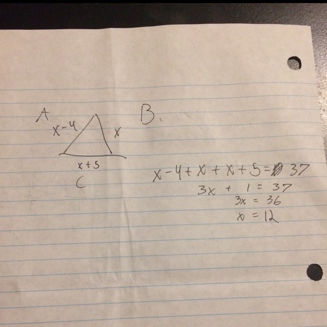 Side A of a triangle is 4 less than side B. Side C of a triangle is 5 more than Side-example-1