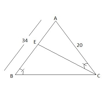 Given: △ABC, E∈ AB m∠ABC=m∠ACE AB=34, AC=20 Find: AE-example-1