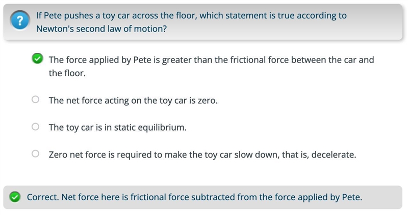 If Pete pushes a toy car across the floor, which statement is true according to Newton-example-1