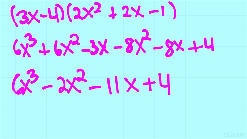 Find the product of (3x-4)(2x^2+2x-1)-example-1