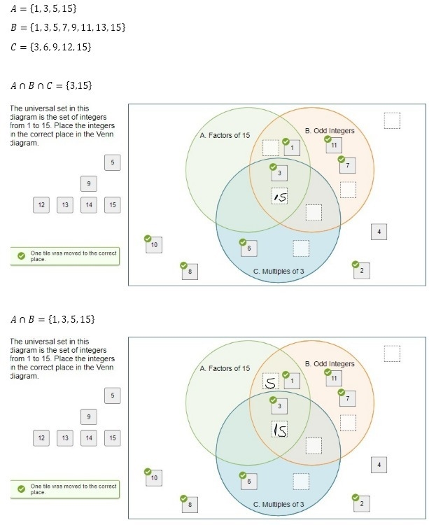 the universal set in this diagram is the set of integers from 1 to 15 place integers-example-1