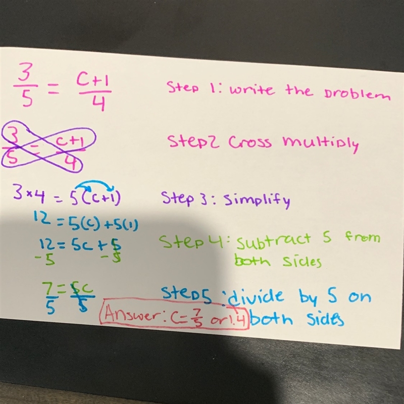 What is the answer to this problem 3 over 5=c+1 over 4-example-1