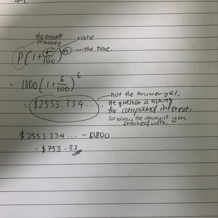 Find the compound interest earned by the deposit of $1800 at 6% compounded quarterly-example-1