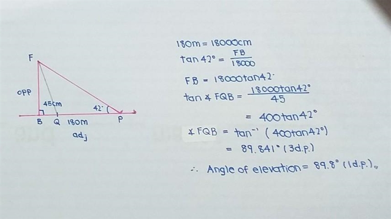 The angle of elevation of the top of a flag pole is 42° from a point P which is 180m-example-1