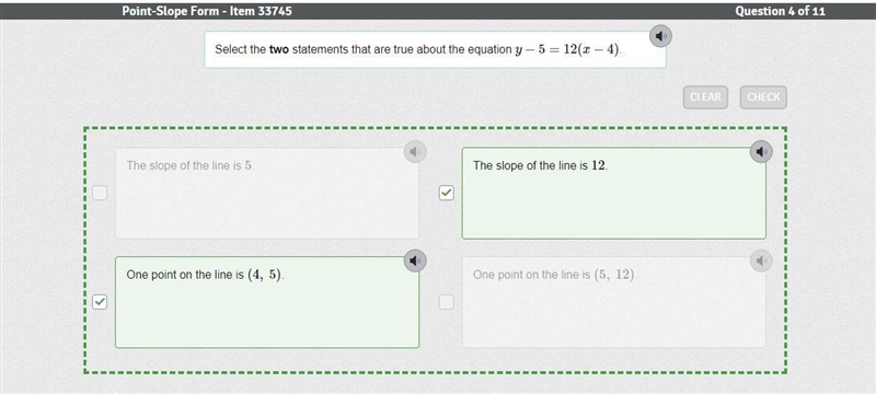 Select the two statements that are true about the equation y−5=12(x−4).-example-1