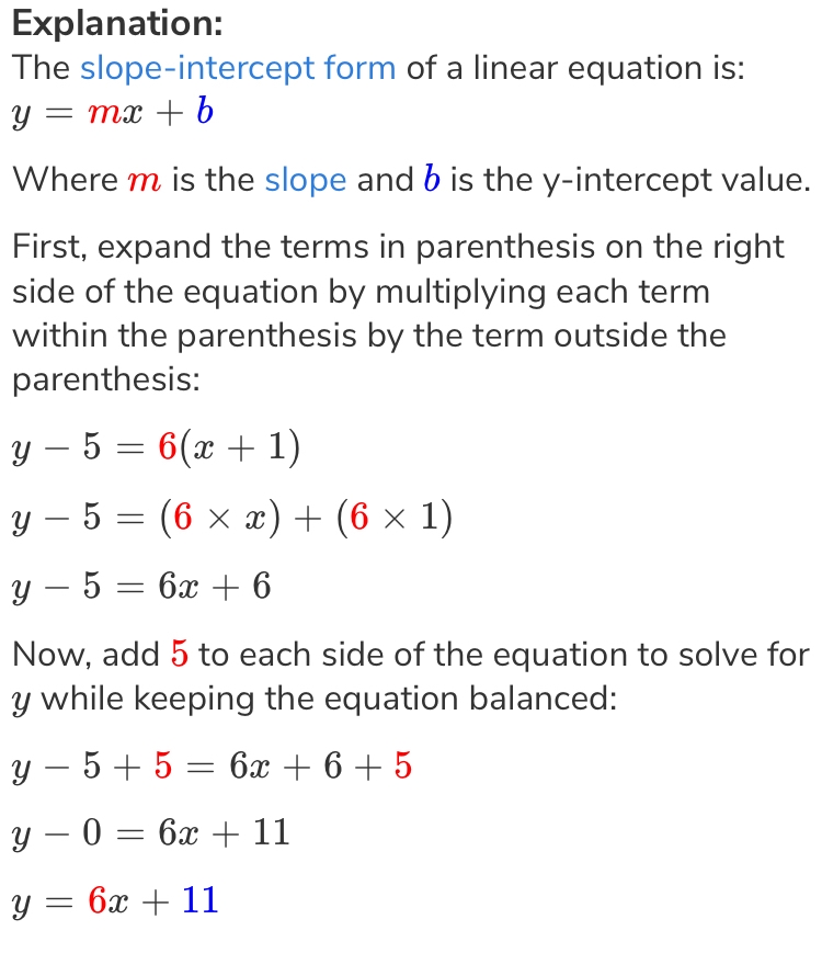 Two questions. 1. The equation y - 5 = 6(x+1) is written in point-slope form. What-example-1