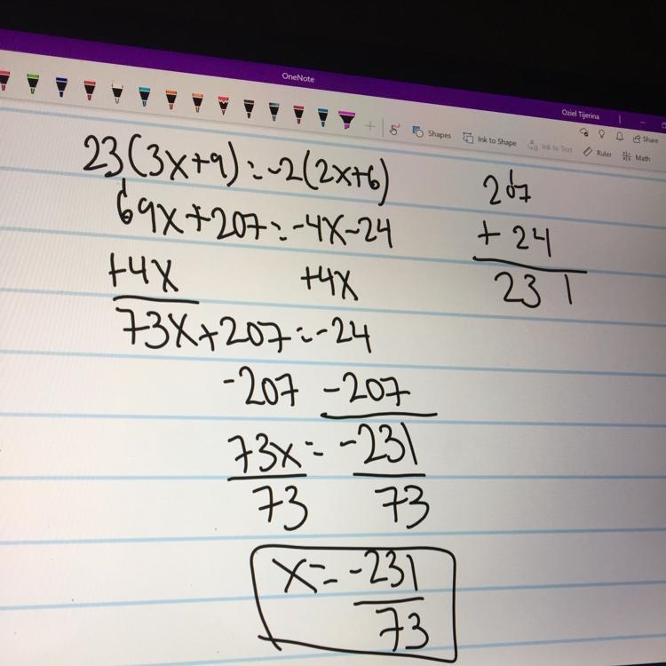 Solve 23(3x+9)=−2(2x+6).-example-1