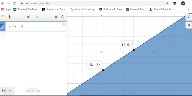 On a piece of paper, graph y < x - 3. Then determine which answer matches the graph-example-1