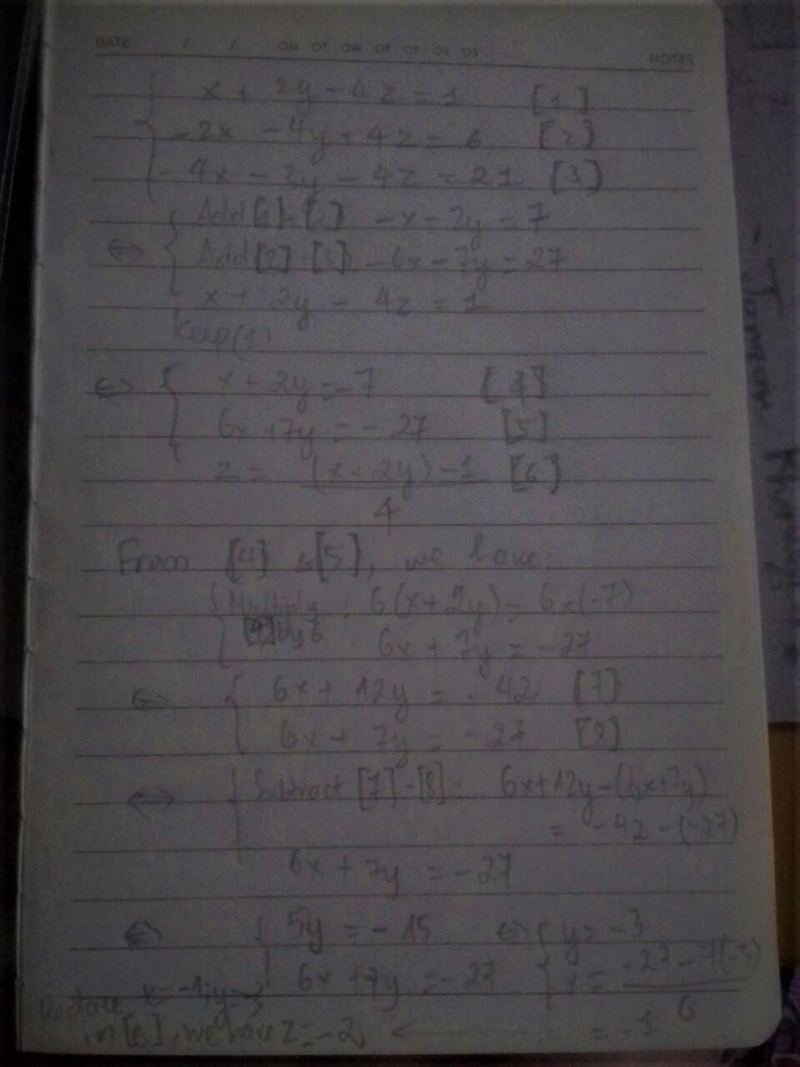 X + 2y – 4z = 1 -2x – 4y + 4z = 6 -4x – 3y – 4z = 21-example-1