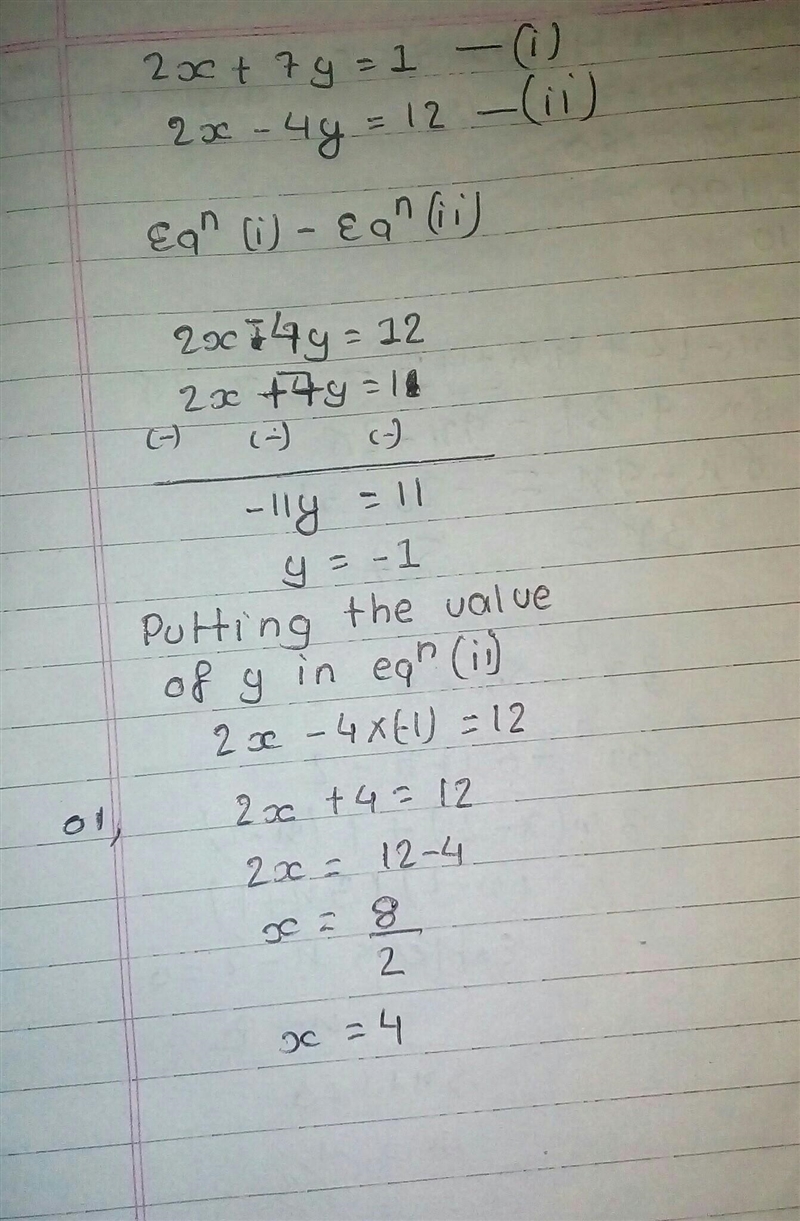 2x + 7y=1 2x – 4y = 12 Elimination-example-1