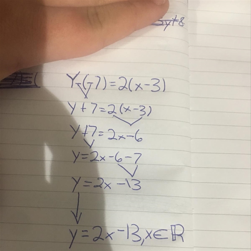 Solve the following equation for y. Y-(-7)=2(x-3) Thank you in advance!! Much appreciated-example-1