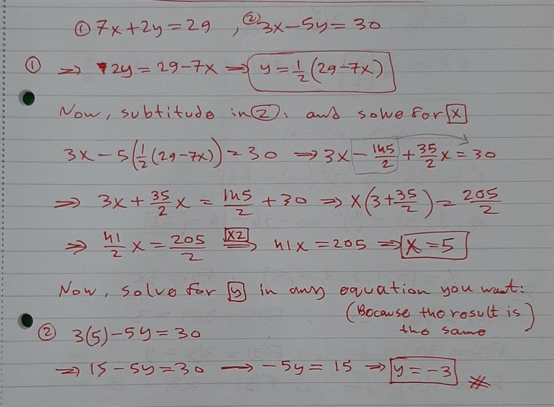 Solve the system of equations using the linear combination method. 7x+2y=29 3x−5y-example-1