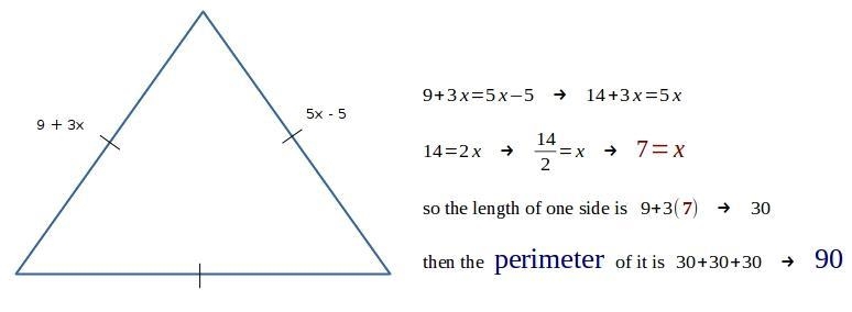 HELP PLZ!!! In an equilateral triangle, all 3 sides are equal length, and the perimeter-example-1