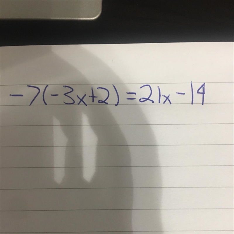 -7(-3x + 2) Decide if the expression is factored or expanded. Then create an equivalent-example-1