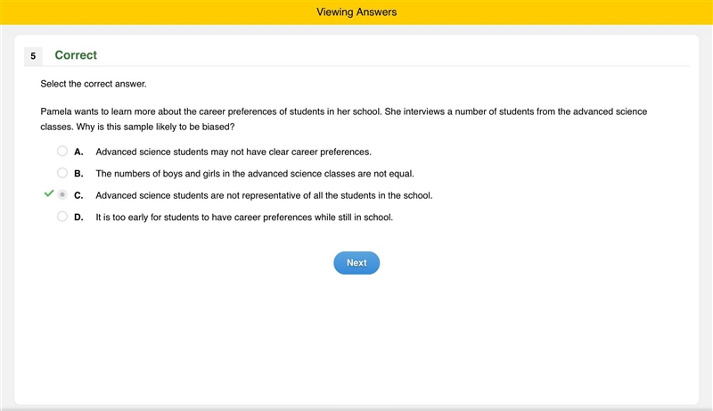 Pamela wants to learn more about the career preferences of students in her school-example-1