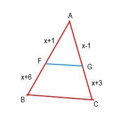 Triangle A B C is cut by line segment F G. Line segment F G goes from side A B to-example-1