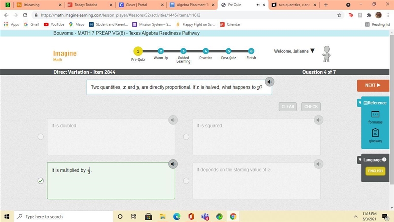 Two quantities, x and y, are directly proportional. if x is halved what happens to-example-1