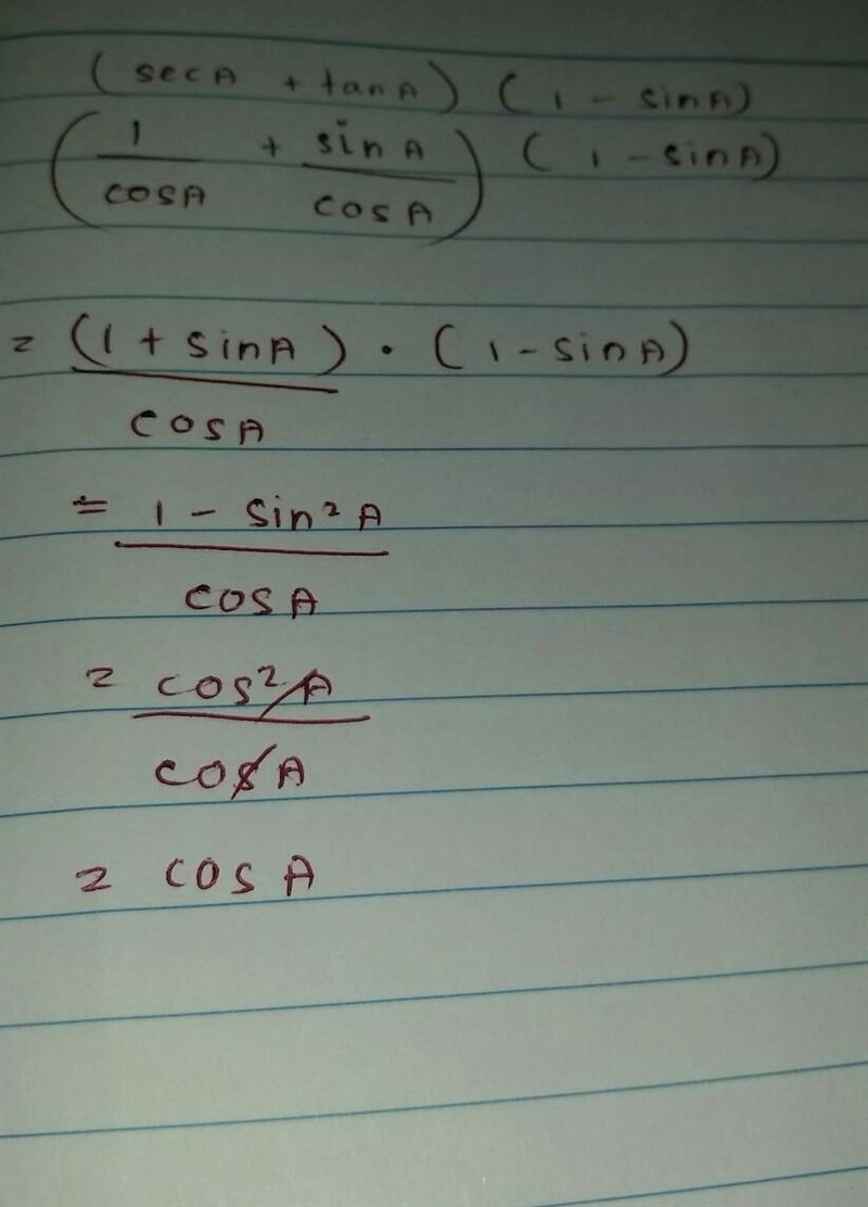 (Sec A+tan A) (1- Sin A) Answer for 11,12-example-1