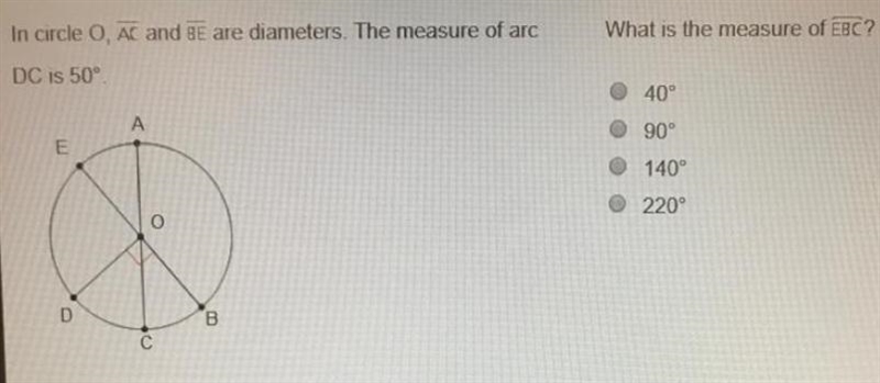 What is the measure of EBC? 40° 90° 140° 220°-example-1