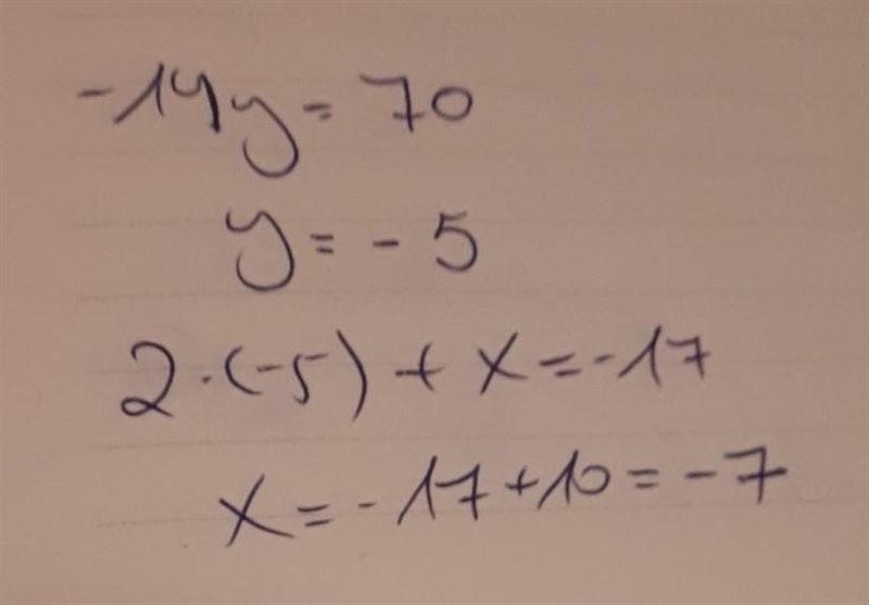 What is the solution (x, y) to the system of equations shown? 2y + x = −17 5x − 4y-example-2