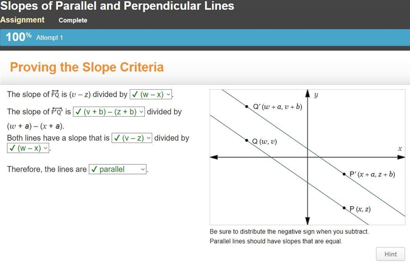 The slope of Line P Q is (v – z) divided by . The slope of Line P prime Q prime is-example-1