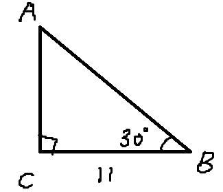 1. In ABC, C is a right angle and BC = 11. If B = 30°, find AC. (1 point) PLEASE HELP-example-1