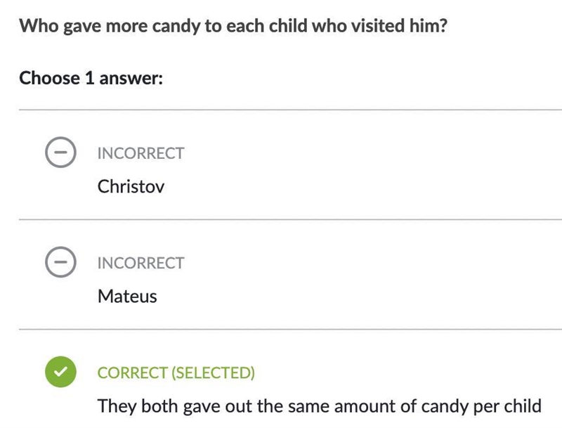 Christov and Mateus gave out candy to children on Halloween. They each have out candy-example-2