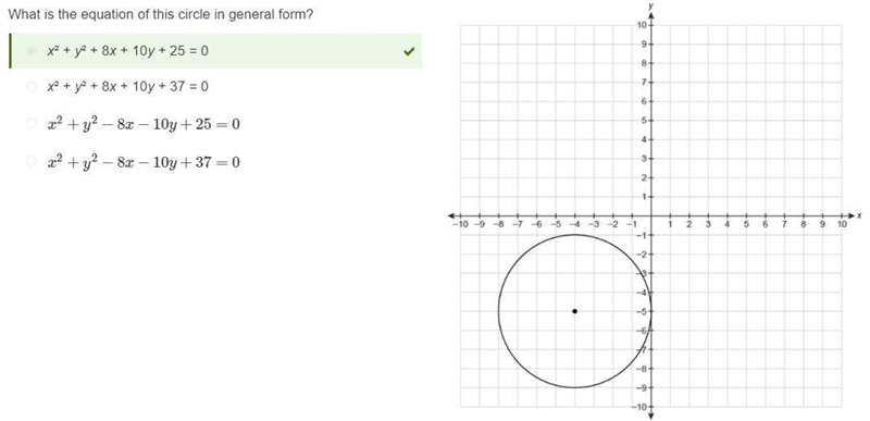 What is the equation of this circle in general form? A. x^2 + y^2 - 8x - 10y + 25 = 0 B-example-1