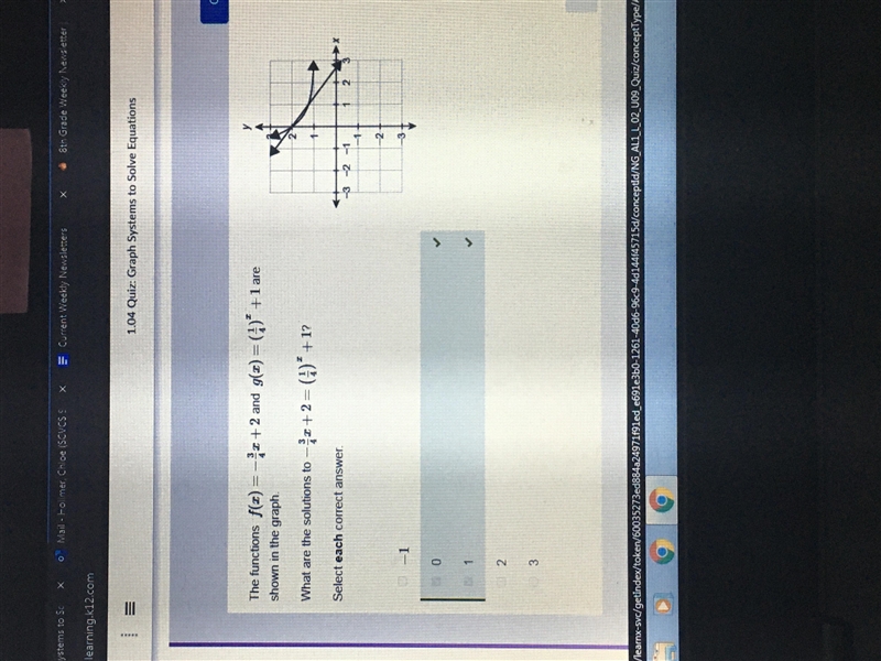 The functions f(x)=-3/4x+2 and g(x)=(1/4)^x+1 are shown in the graph. What are the-example-1