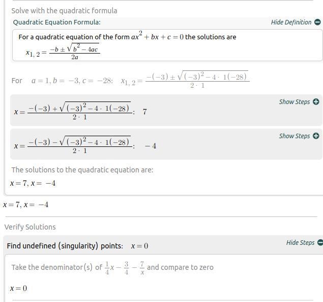 Solve the following rational equation for x. 1/4x - 3/4 = 7/x-example-2