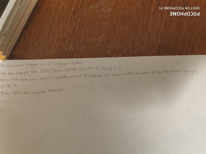 The length of each side of an equilateral triangle is decreased by 8 inches, so the-example-1