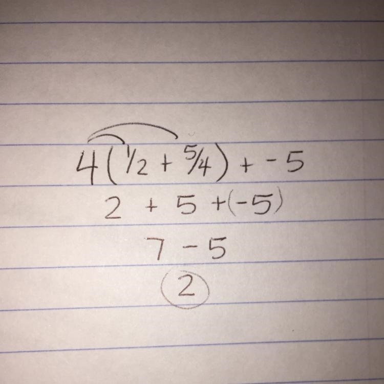 Simplify 4(1/2 + 5/4)+ -5-example-1