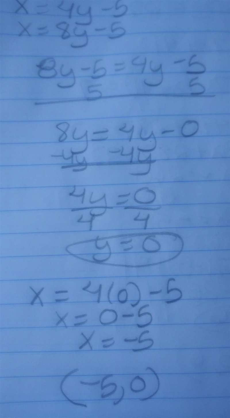 Solve the system of equations by the substitution method. x = 4y - 5 X = 8y - 5​-example-1