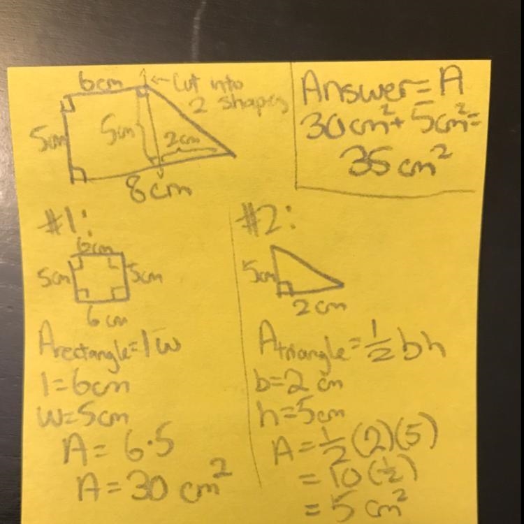 Find the area of the trapezoid by decomposing it into other shapes. A) 35 cm2 B) 39 cm-example-1