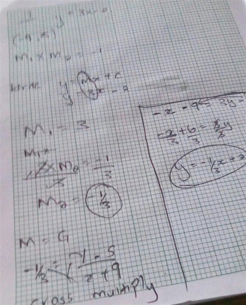 Write the equation of a line that is perpendicular to y=3x-2 and that passes through-example-1