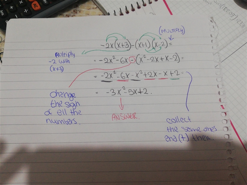 -2x(x+3)-(x+1)(x-2)= A. -X^2 - 7x -2 B. -X^2 + 5x +2 C. -3x^2 -5x +2 D. -3x^2 -5x-example-1