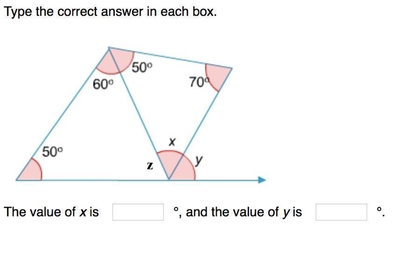 Type the correct answer in each box. The value of x is °, and the value of y is °.-example-1