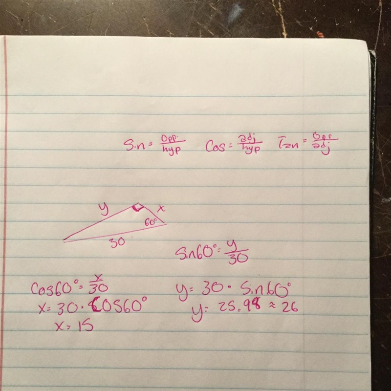 Find x and y for a triangle with 60° and 30​-example-1