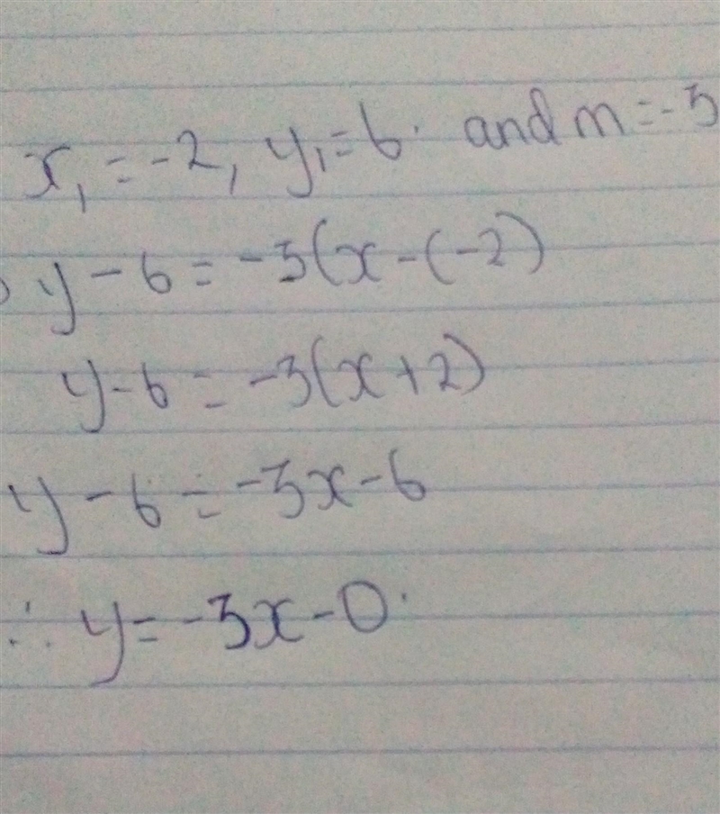 What is the equation of a line that has a slope of -3 and passes through (-2,6)-example-1